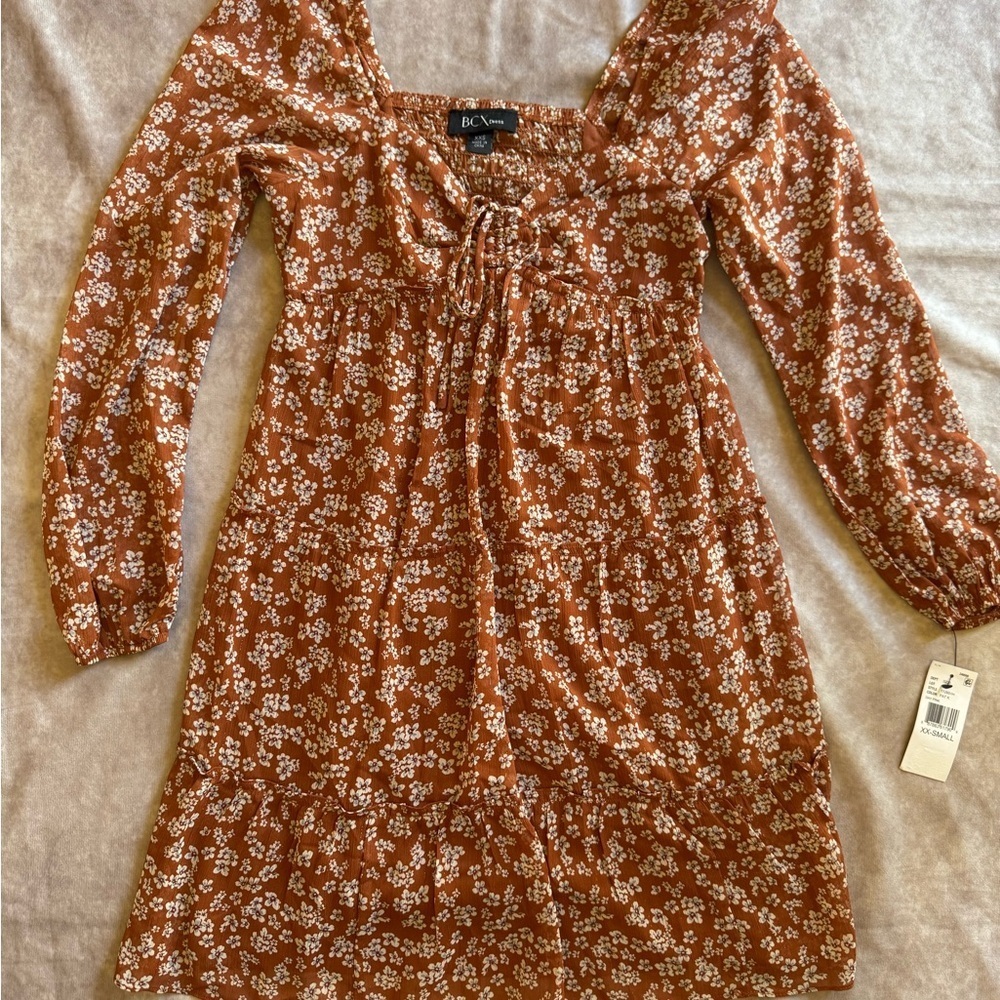 BCX Rust Orange Dress with White Floral Pattern